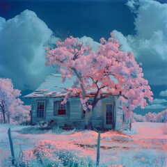 Wall Mural - AI generated illustration of an abandoned house with pink foliage and a dramatic sky