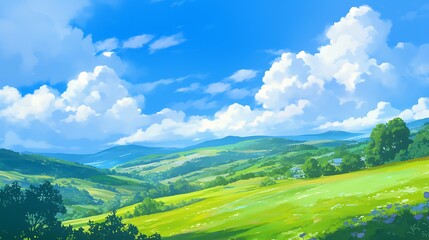 Wall Mural - A beautiful green meadow with mountains in the background under a clear blue sky with white clouds