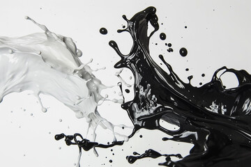 Wall Mural - Close-up of black and white paint splashes colliding, capturing the moment of impact with high detail and energy.