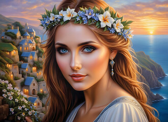 Wall Mural - Beautiful woman with a wreath of flowers on her head