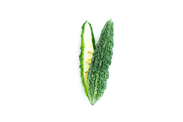 Bitter gourd fruit with cut in half isolated on white background, Organic vegetable, Herbal plant, Food ingredient