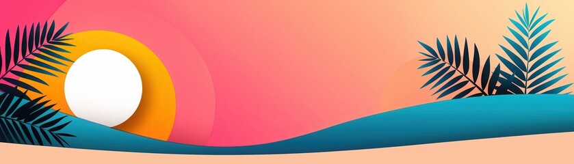 Poster - Abstract Tropical Background With Palm Leaves and Sunset.