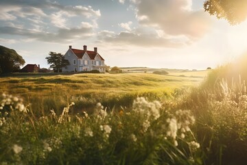 Canvas Print - Panoramic view of house in countryside at sunset. Rural landscape.