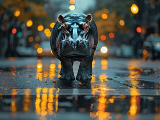 Poster - A lone hippopotamus stands in the middle of a busy city street, looking around in confusion. AI.