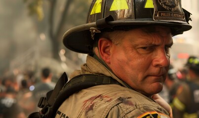 Wall Mural - A firefighter looks on at the scene of a fire. AI.