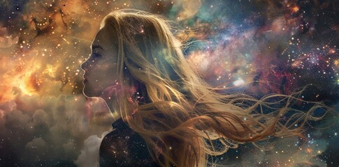 Wall Mural - a beautiful blonde woman's head and upper body with the background of a galaxy and space