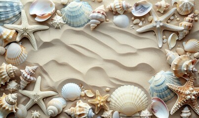 Canvas Print - A variety of seashells and starfish on a sandy beach. AI.