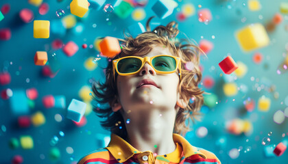 Boy wearing yellow sunglasses, surrounded by colorful floating cubes and confetti.