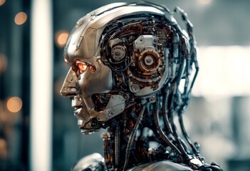 s robot pedestal a close up head technology futuristic machinery machine