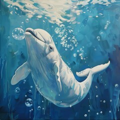 Wall Mural - A playful beluga whale blowing bubbles underwater