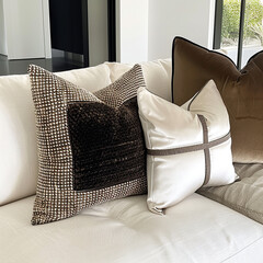 Wall Mural - A modern, white, and black checkered patterned square pillow with brown velvet detailing on the right side is placed next to two other pillows in various colors including cream, beige, and off-white.