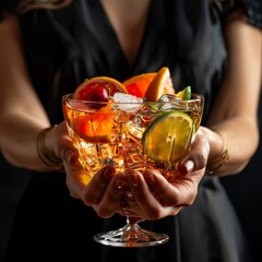 Canvas Print - a woman holding in her hands a large deep transparent bowl with aperol cocktail, fruits and ice on a black empty background