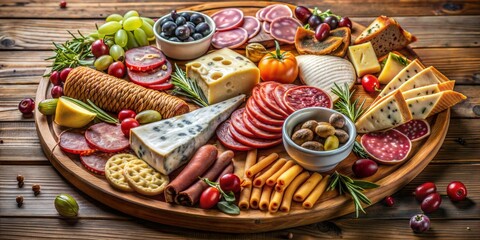 Poster - various cheese and snacks on a wooden table.top view.