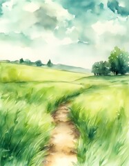 landscape meadow grass blue spring illustration sky green watercolor field background cloud clouds summer