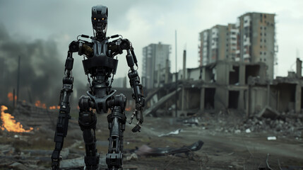 evil enemy robot soldier with advance weapon walking on destroyed city with damaged buildings post apocalypse