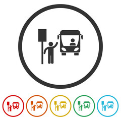 Poster - Bus station icon. Set icons in color circle buttons