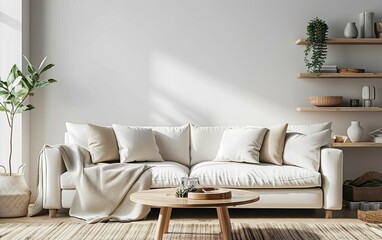 Wall Mural - Simple living room with a comfortable sofa and sleek wooden coffee table, modern shelves arranged against a crisp white wall