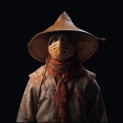 Wall Mural - feudal fishermen in China ancient costume, super cold expression, wearing bamboo hat