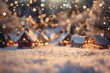 Wall Mural - A snowy village scene with a bokeh effect from the holiday lights