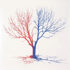 Poster - illustration of a short tree with low-hanging branches with no leaves, on a white background, red and blue