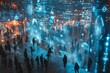 © Ilia Nesolenyi - Silhouetted figures in a city street interact with a large, immersive digital display at night. The screen features glowing blue graphics and abstract data