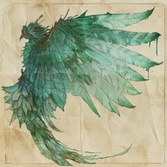 Wall Mural - mythical wings, fantasy inspiration, ancient sketches, green angel wings