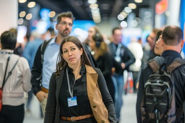 Wall Mural - A woman walks through a crowded convention hall, surrounded by attendees exploring the latest technology