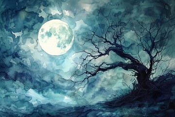 Poster - simple stunning watercolor painting, full moon, dark halloween night, dramatic lighting