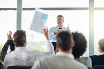 Poster - Conference, presentation and group with question, discussion and meeting for business. Audience of people, team and collaboration with workshop, training or coaching with seminar and professional