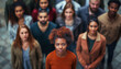 © Steven - Group of people standing in a V formation with a young woman in orange at the front, looking upwards