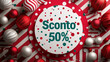 © Yavor - A white circle divided into red and white halves. Inside the circle is green text 'Sconto 50%'