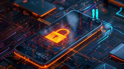 Wall Mural - digital illustration of cybersecurity data protection, padlock symbol smartphone screen display neon