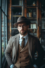 Man in vintage attire with a hat and glasses, standing by a window in a classic room, with a serious and confident expression, elegant and stylish