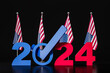 © ImageFlow - 2024 year in blue and red colors, american flags. Elections concept