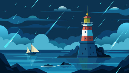 Wall Mural - Vector illustration of a lighthouse on a stormy sea at night