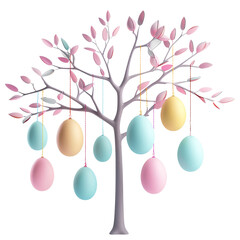 Wall Mural - Easter tree with pink branches and hanging pastel-colored eggs in yellow blue and pink transparent background clipart