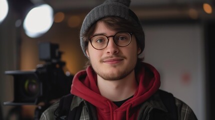 A young man wearing a gray beanie and glasses smiles for the camera in a studio setting. He is wearing a red hooded sweatshirt over a black and gray plaid shirt
