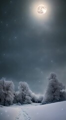 Wall Mural - The moon hanging above a silent, snow-covered landscape.
