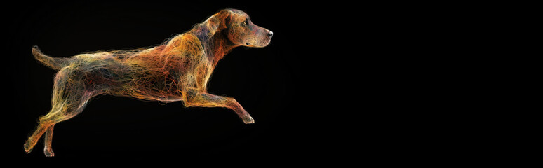 Wall Mural - Neon abstract graphic contours of a dog, pet. Technology concept, dark background. AI generated.