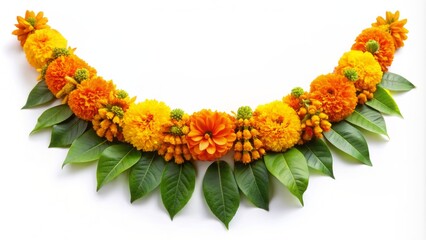 Vibrant orange and yellow marigold flowers intricately arranged in a beautiful toran garland with green leaves on a white background.