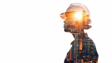 Portrait of a construction worker man with safety helmet letting see city buildings under construction. Transparent background or PNG file