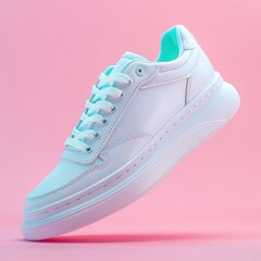 Wall Mural - Single sport shoe on pastel colorful gradient background, fashion sneakers flying falling in air