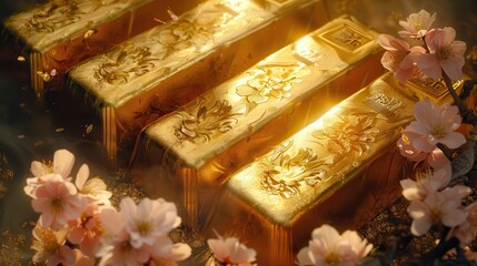 14. Precious gold bars with delicate carvings, showcased in a lavish zen garden, Oriental, Pastel Colors, Digital Painting