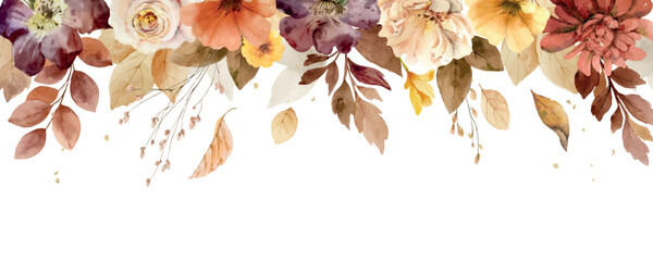 Wall Mural - watercolor autumn horizontal border. fallen leaves and flowers. botanic composition for greeting car