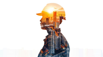 Portrait of a construction worker man with safety helmet letting see city buildings under construction. Transparent background or PNG file