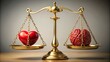 © Wanlop - A delicate balance scale weighed down by a golden brain on one side and a crimson heart on the other, symbolizing reason versus emotion.