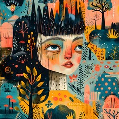 Wall Mural - Girl With Flowers And Trees