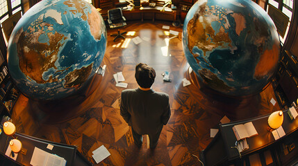 Business Travel: An American business traveler in a dynamic office setting, planning international travel with a fisheye lens to provide a unique view of the planning environment