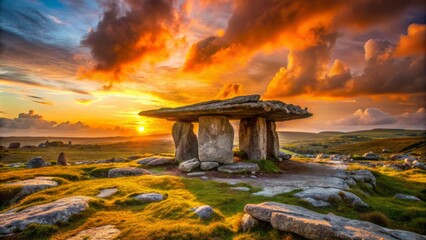 Vibrant orange hues dance across the sky as ancient Poulnabrone dolmen stands sentinel amidst rugged Burren landscape at dusk.