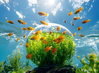 Wall Mural - Goldfish in a Glass Sphere Underwater